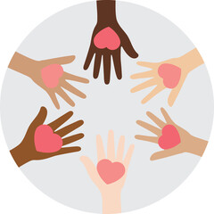 Flat design illustration of people with different skin colors putting their hands together, holding pink heart, on grey circle background. Unity concept.	