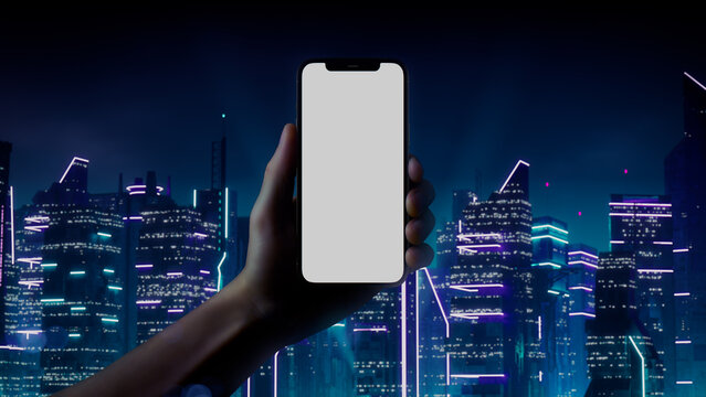Male Hand holding Cell Phone in Sci-fi environment.