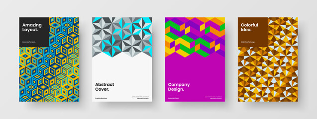 Abstract company brochure A4 vector design illustration bundle. Amazing geometric hexagons leaflet layout collection.
