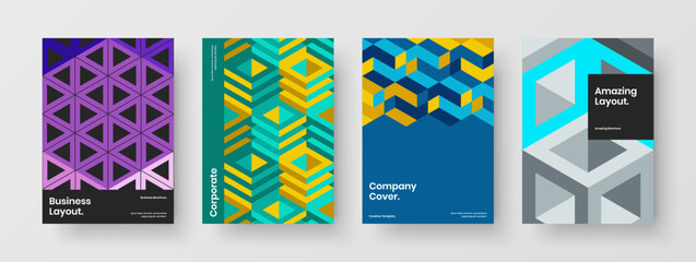 Minimalistic company identity A4 design vector illustration collection. Fresh mosaic hexagons annual report layout set.