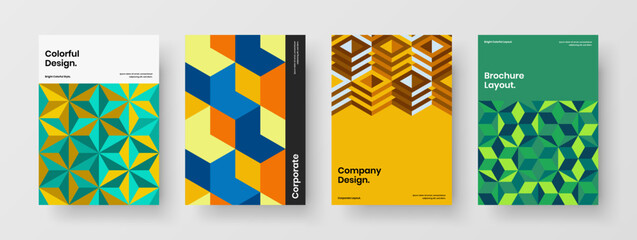 Original flyer design vector concept composition. Colorful mosaic hexagons corporate brochure layout set.