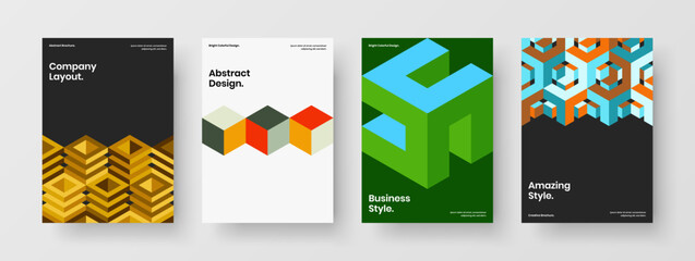 Vivid company brochure design vector concept collection. Multicolored geometric hexagons pamphlet template set.