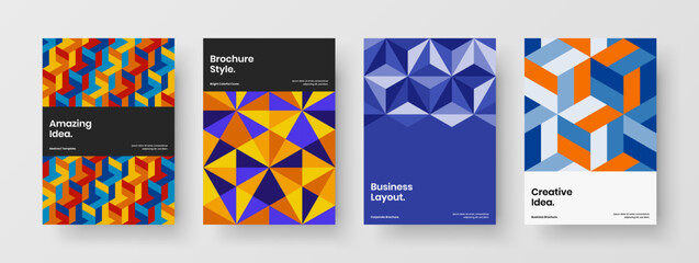 Minimalistic mosaic hexagons corporate cover layout bundle. Colorful pamphlet design vector illustration collection.