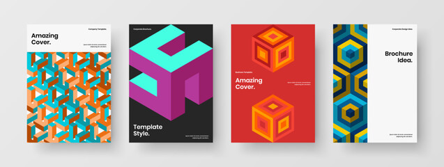 Obraz premium Multicolored booklet design vector illustration bundle. Unique mosaic shapes corporate cover template collection.