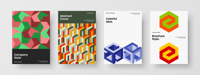 Minimalistic mosaic shapes corporate brochure illustration set. Multicolored company cover A4 vector design concept bundle.