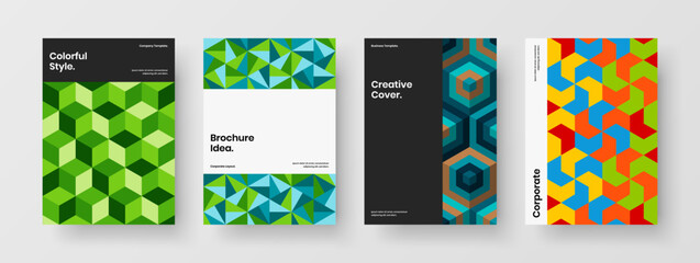 Simple flyer vector design concept collection. Multicolored mosaic shapes corporate brochure template bundle.