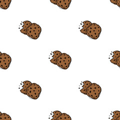 Seamless chocolate cookies pattern. Sweets and candy background. Doodle vector illustration with sweets and candy icons