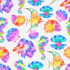 Watercolor Sea Life in Multicolor Seamless Pattern