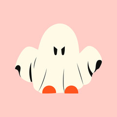 Halloween ghost with raised hands. Kawaii phantom in white clothes. Kawaii monster mystical drawing concept. Flat vector illustration isolated with pumpkins and holiday elements.