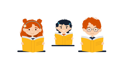 Сhildren with books in their hands reading. Vector illustration. Back to school, the concept of learning