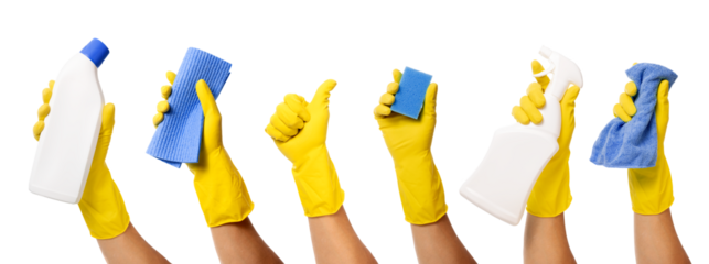 hand with yellow rubber glove holding cleaning supplies on transparent background