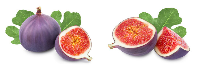 Fresh fig fruit and half with leaves isolated on white background. Set or collection
