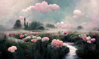 dreamy surreal landscape river , vegetation and flowers, pastel colours, desaturated, digital illustration
