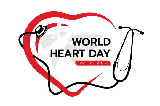 world heart day - Black stethoscope roll around line red heart shape sign with world map texture vector design