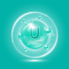 Vitamin U blue and translucent dome. Vitamins complex collagen. Beauty treatment nutrition skin care design. Medical and scientific concepts. 3D vector EPS10.