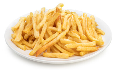 French fries in white plate isolated on white background, French fries on white plate With clipping path.