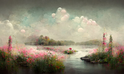 dreamy surreal landscape lake , vegetation and flowers, pastel colours, desaturated, digital illustration