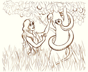 Eve near the tree of the knowledge of good and evil. Pencil drawing