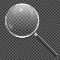 Creative vector illustration of realistic magnifying glass isolated on transparent background. Art design search, inspection symbol. Abstract concept magnifier zoom, tool with hand lens element