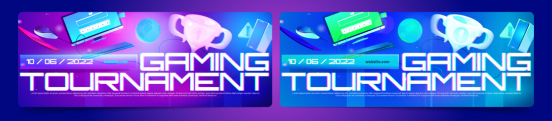 Gaming tournament banners with computer and trophy cup in neon colors. Vector posters of cyber games competition, professional esport championship with cartoon illustration © klyaksun