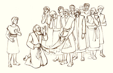 Fototapeta na wymiar Joseph's brothers show their father Jacob torn clothes
