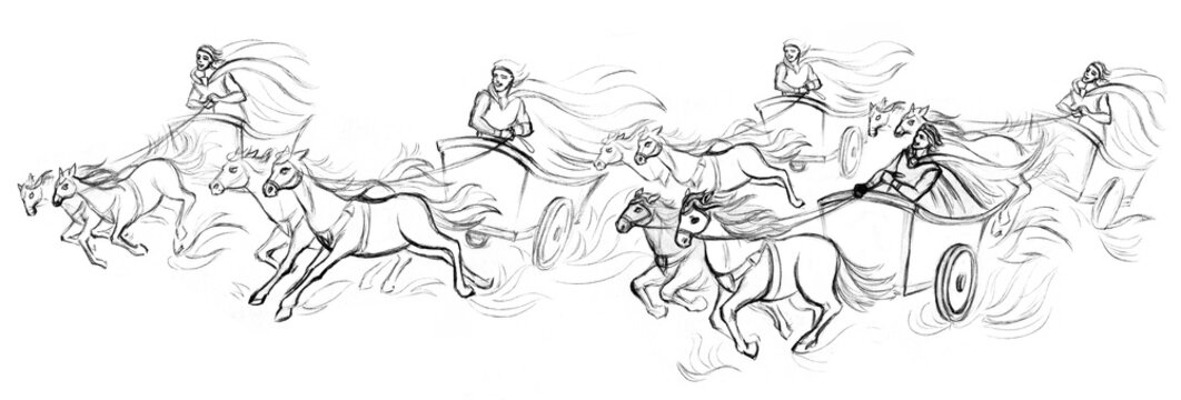 Rider on an ancient chariot. Pencil drawing