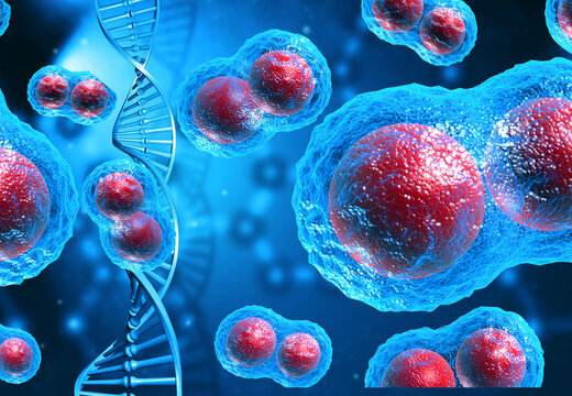 Cancer cells with dna strand. 3d illustration..