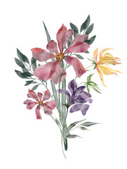 Bouquet of tropical watercolor flowers. Pink, yellow flowers. Wedding invitation, postcard, tropical design.