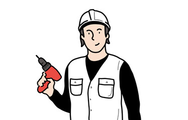 電動ドライバーを持っている男の作業員、大工さん。施行現場の担当者。