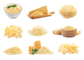 Set with delicious parmesan cheese on white background - obrazy, fototapety, plakaty