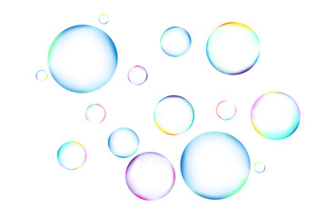 Many beautiful soap bubbles on white background