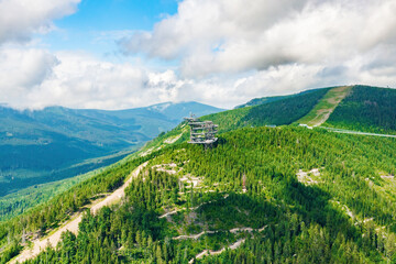 Aerial view of the worlds longest 721 meter suspension footbridge Sky bridge and observation tower...