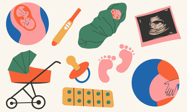 A set of stickers on the theme of motherhood. Pregnant woman, fetus, nipple, stroller, pregnancy test, baby photo, pregnant woman's big belly.