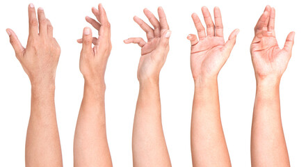 Multiple Male Caucasian hand gestures isolated over the white background, set of multiple images.