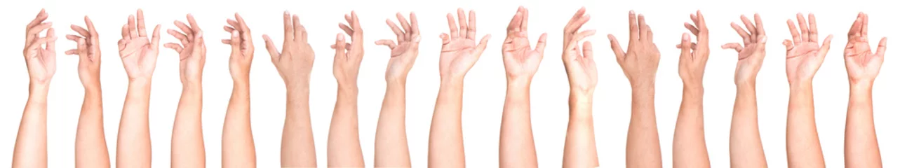 Fotobehang Multiple Male Caucasian hand gestures isolated over the white background, set of multiple images. © aekkorn