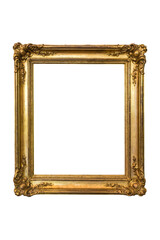 Antique frame for photos or paintings in gold color, highlighted on a white background. Rectangular vertical. Blank for the designer.
