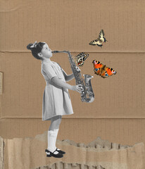 Art collage with cute little girl playing saxophone isolated on grey background. Childhood,...