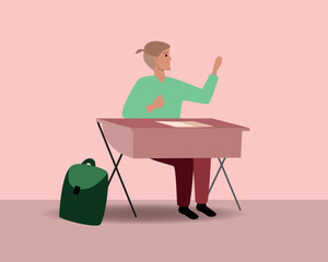Boy with school bag or smart student at school desk isolated, flat vector stock illustration