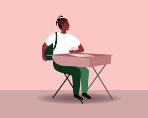 African child, teenager or student at school desk isolated, flat vector stock illustration