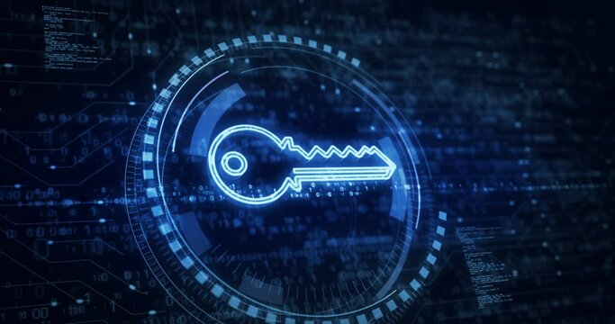 Cyber security and password safety with Key symbol digital concept. Network, cyber technology and computer background abstract 3d animation.