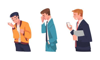 Frustrated businessmen set. Stressed men having health problems, unsatisfied with their job, stress at work cartoon vector illustration