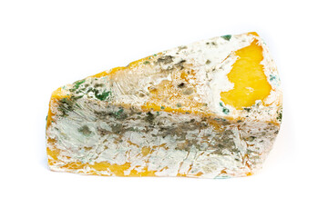 Mold on cheese, close-up on a white background. Mold on food. Fluffy mold spores as a background or...