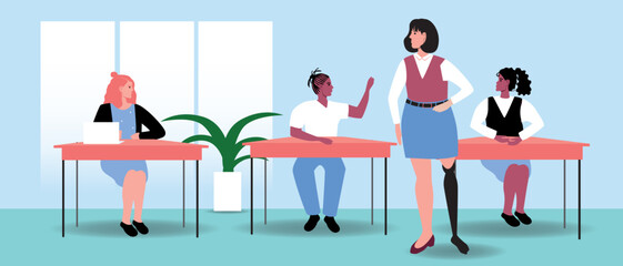 Inclusive teacher with prosthesis with students in classroom at school, college, university, flat vector stock illustration