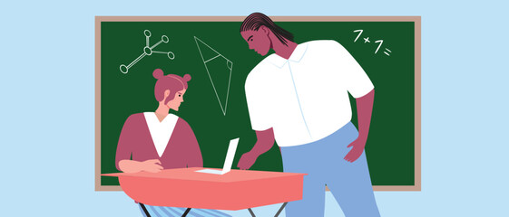 African teacher with schoolgirl with notebook in classroom at school, flat vector stock illustration