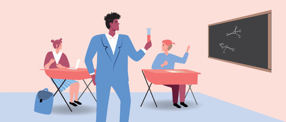 African teacher with students in classroom at school, flat vector stock illustration with chemistry lecture