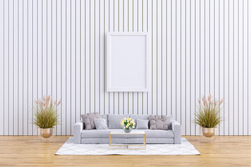 3d rendered illustration of a living room with blank mockup wall picture frame.