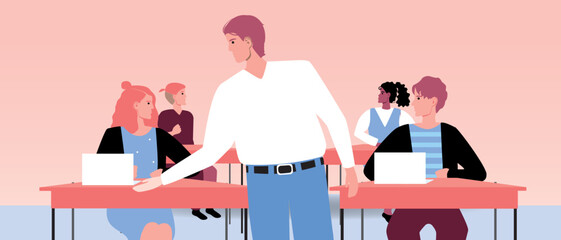 Teacher with students in classroom at school, flat vector stock illustration with laptop for education