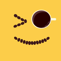 Good morning coffee, cup of wake up black coffee as eye with smiling coffee beans on bright yellow background, fresh drinking beverage, vector illustration.