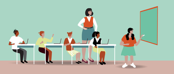 Primary school teacher and students in lesson at school, flat vector stock illustration with children with laptops as technology for education