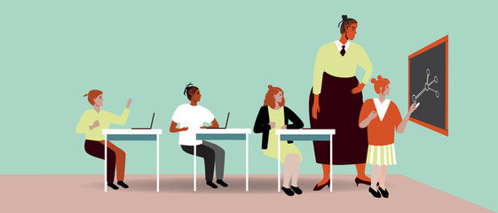 Obraz premium African teacher and elementary school students in lesson at school, flat vector stock illustration with child at blackboard